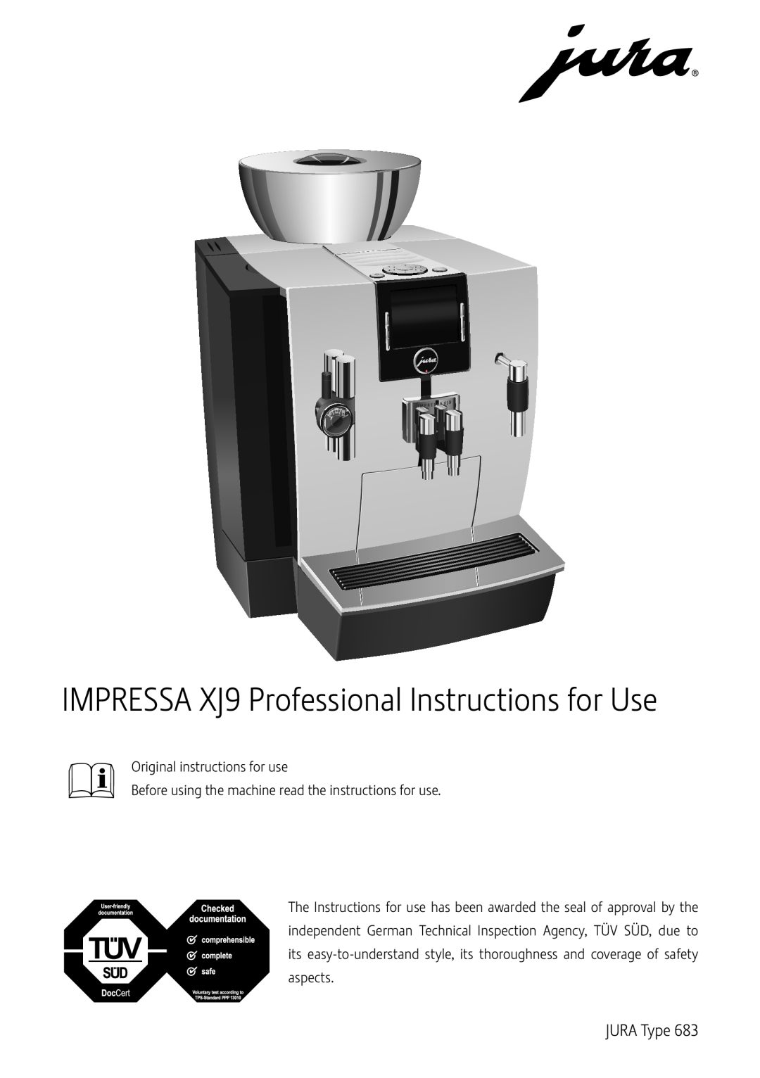 Jura Capresso 13637 manual IMPRESSA XJ9 Professional Instructions for Use, JURA Type 