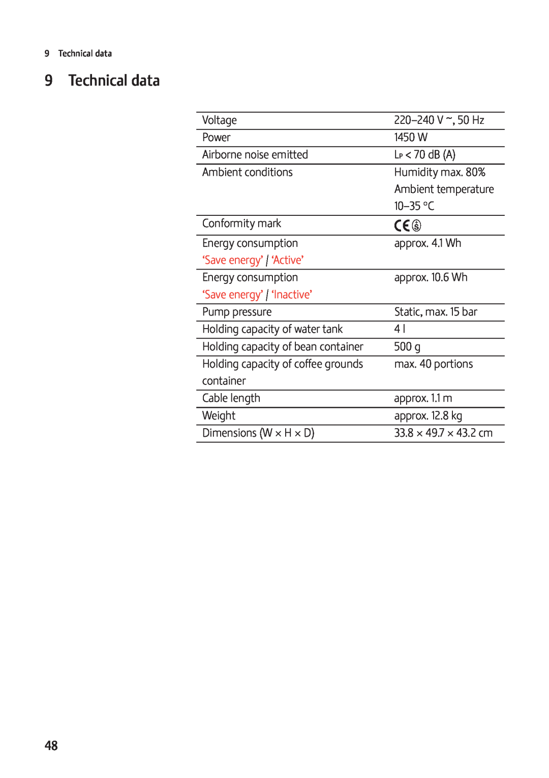 Jura Capresso 13637 manual 9Technical data, ‘Save energy’ / ‘Active’, ‘Save energy’ / ‘Inactive’ 