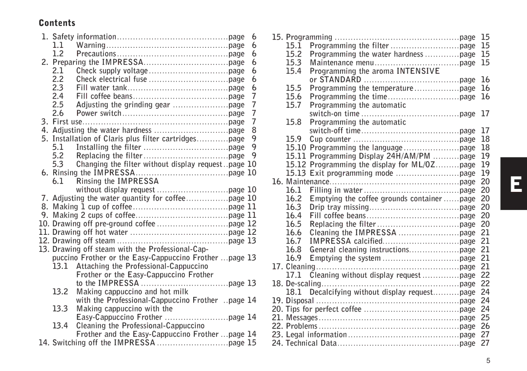 Jura Capresso 13709 manual Contents 