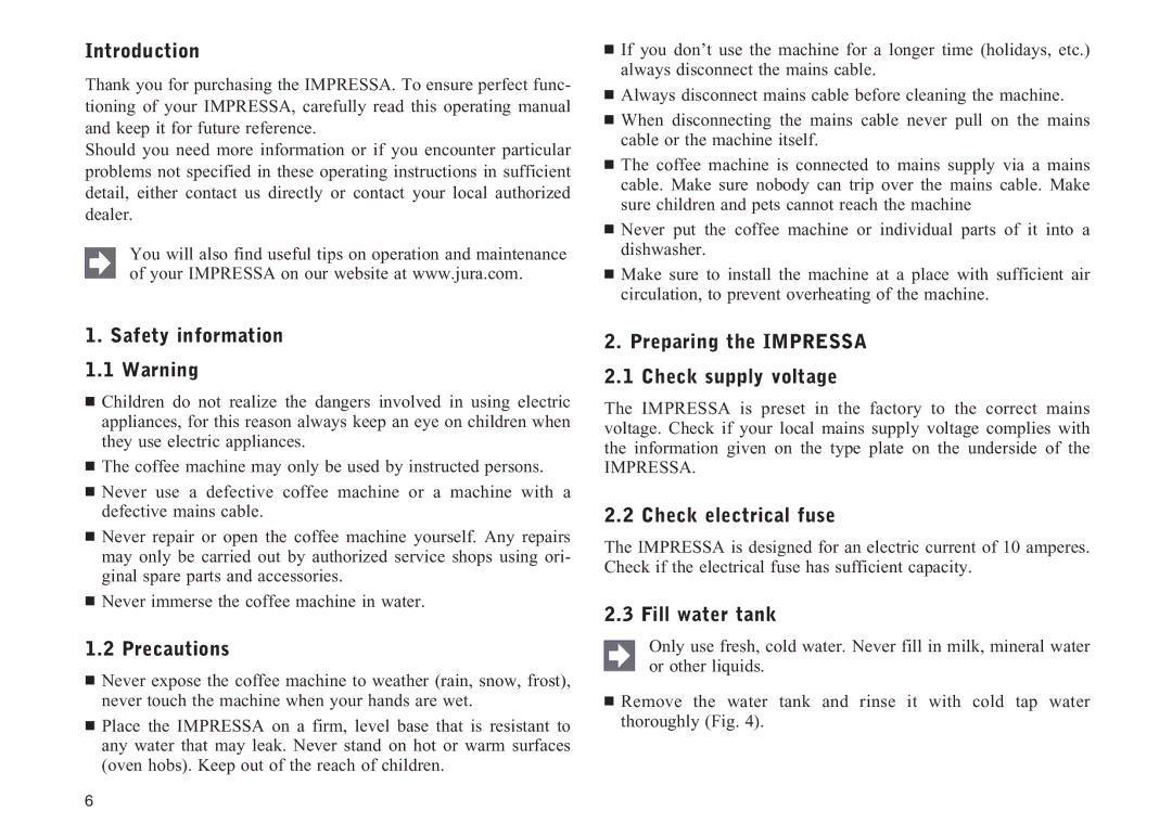 Jura Capresso 13709 Introduction, Safety information 1.1 Warning, Precautions, Check electrical fuse, Fill water tank 