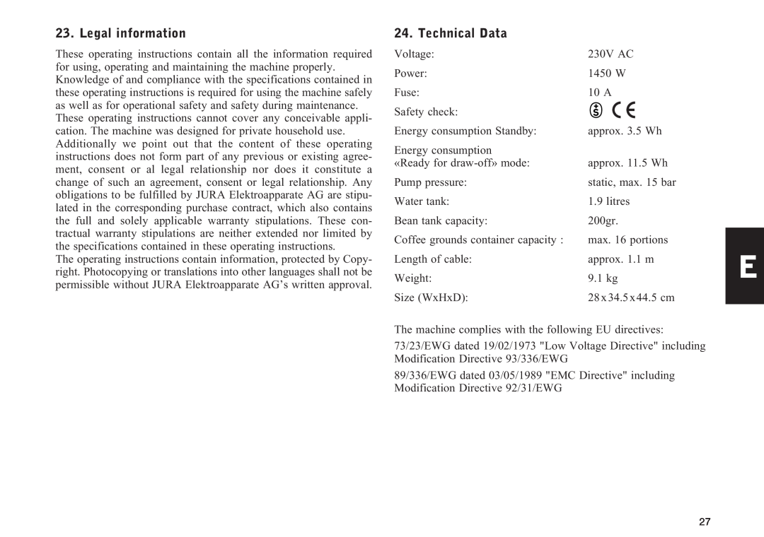 Jura Capresso 13709 manual Legal information, Technical Data 