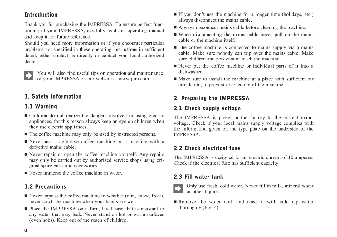 Jura Capresso 13709 Introduction, Safety information 1.1 Warning, Precautions, Check electrical fuse, Fill water tank 