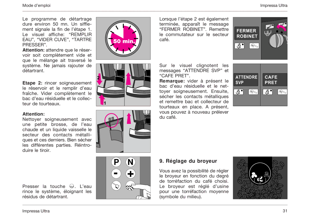 Jura Capresso 5000 manual Réglage du broyeur, Fermer, Robinet, Attendre Cafe, SVP Pret 