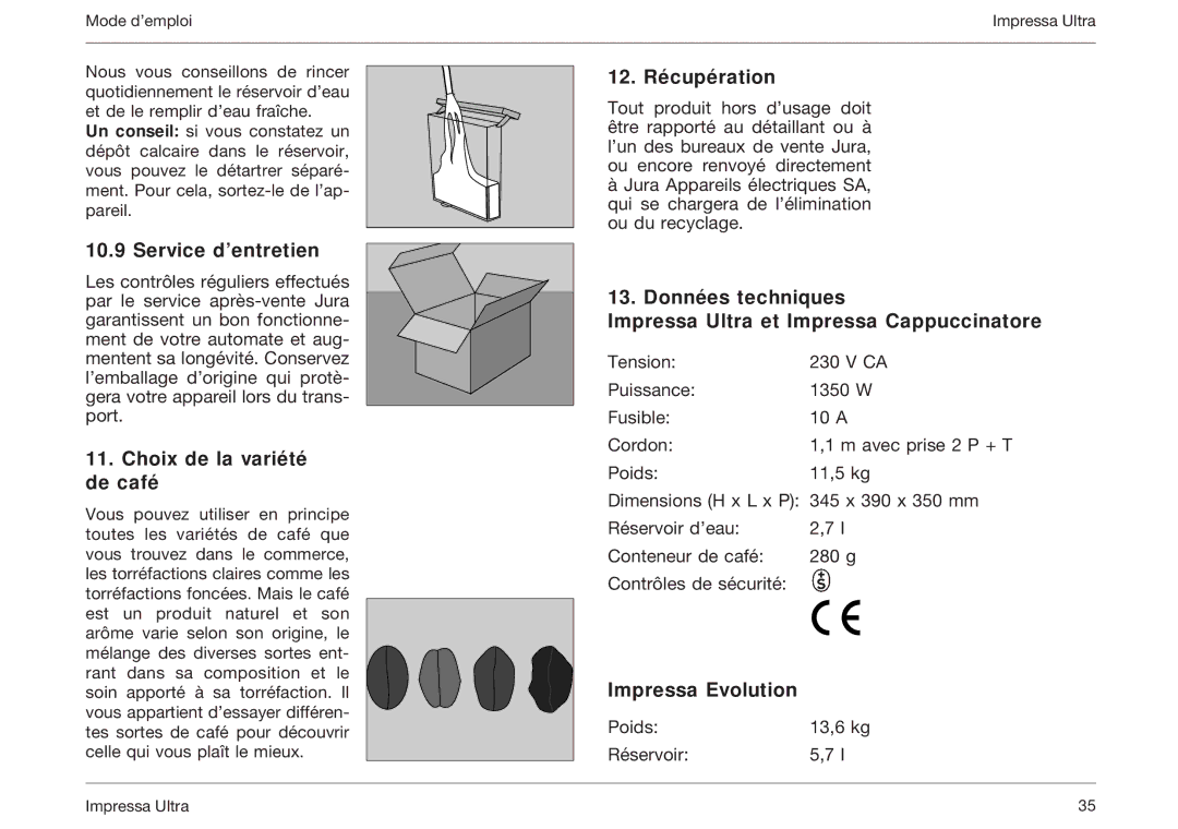 Jura Capresso 5000 manual Service d’entretien, Choix de la variété de café, 12. Récupération, Impressa Evolution 