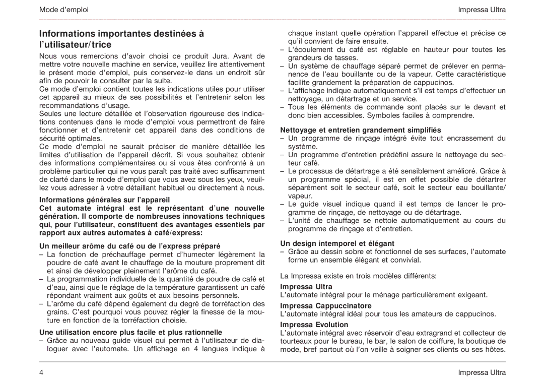 Jura Capresso 5000 manual Informations importantes destinées à l’utilisateur/trice, Informations générales sur l’appareil 
