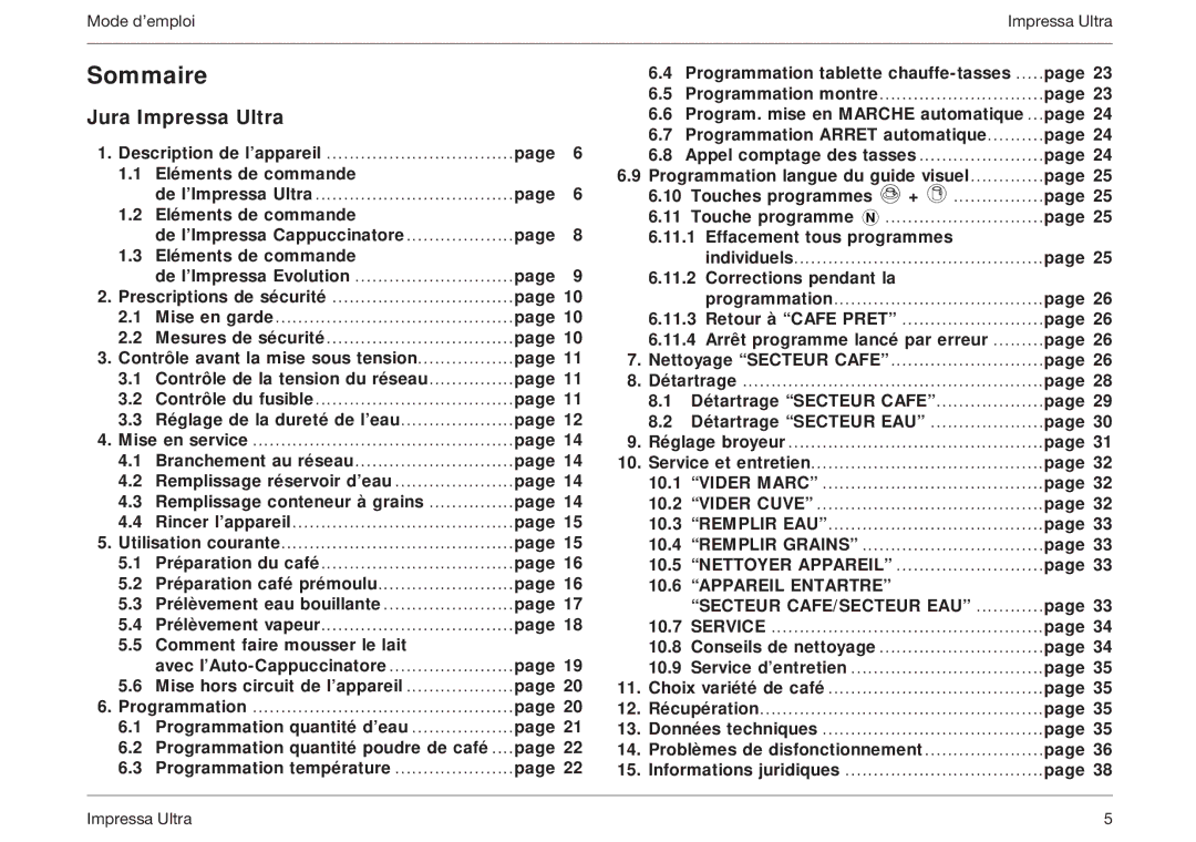 Jura Capresso 5000 manual Sommaire, Jura Impressa Ultra 