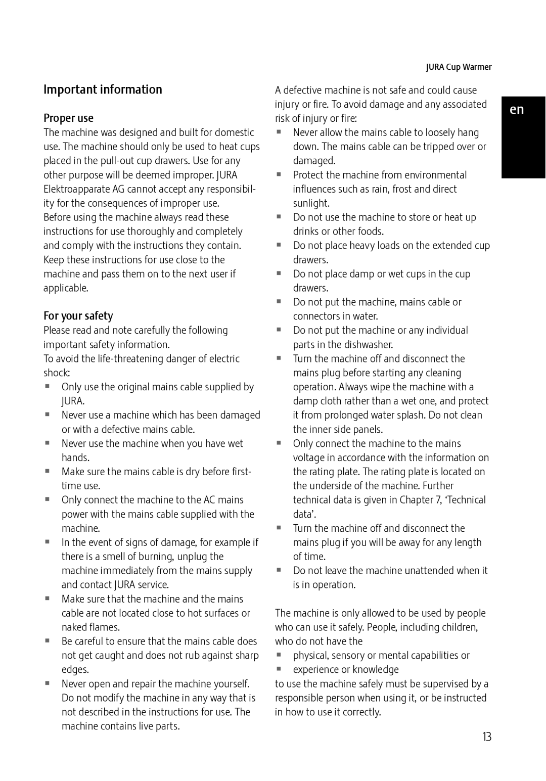 Jura Capresso 571 manual Important information, Proper use, For your safety, Jura 