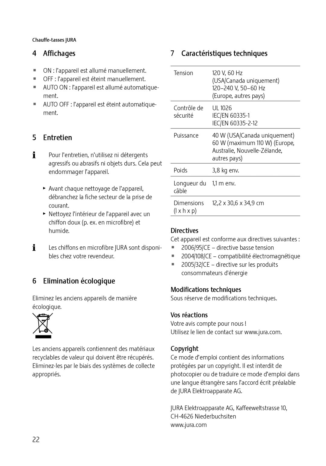 Jura Capresso 571 manual Affichages, Entretien, Elimination écologique, Caractéristiques techniques 