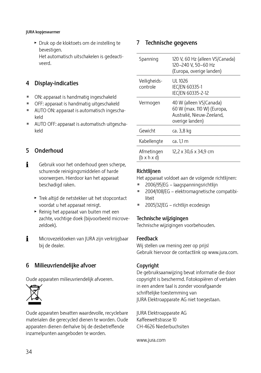 Jura Capresso 571 manual Display-indicaties, Onderhoud, Technische gegevens, Milieuvriendelijke afvoer 