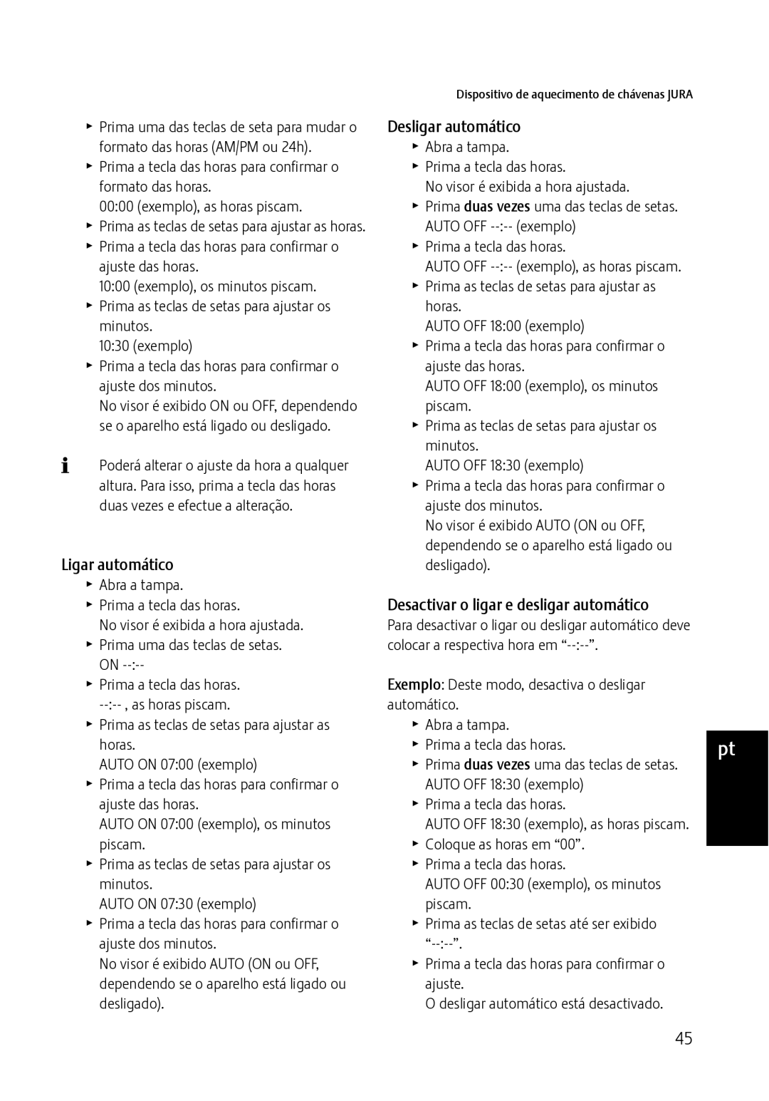 Jura Capresso 571 manual Ligar automático, Desligar automático, Desactivar o ligar e desligar automático 