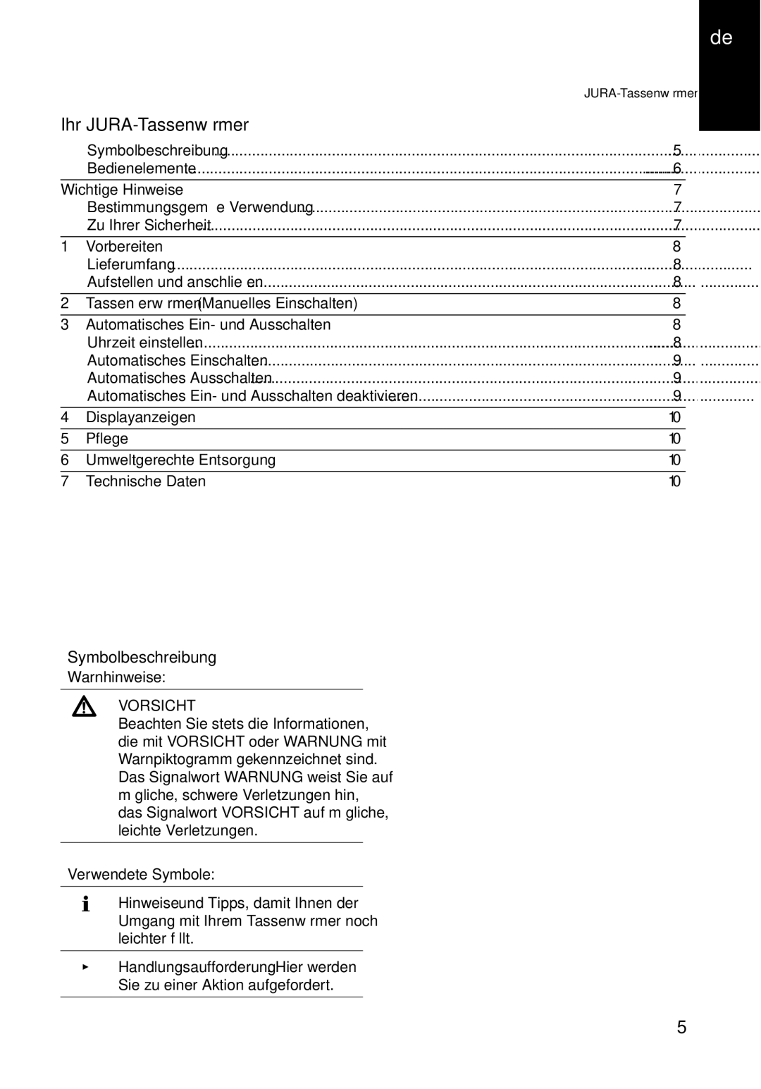 Jura Capresso 571 manual Ihr JURA-Tassenwärmer, Symbolbeschreibung, Vorsicht 