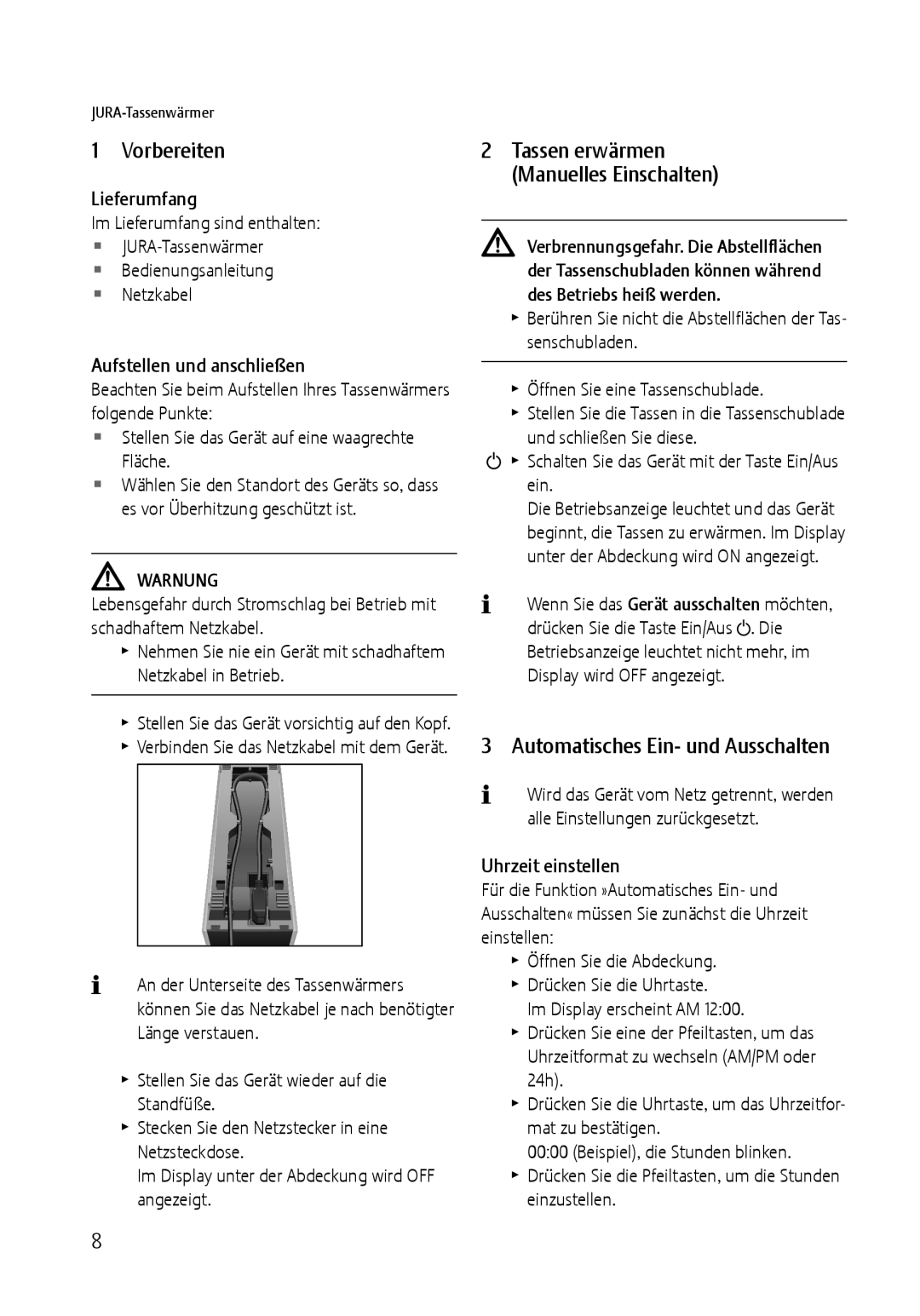 Jura Capresso 571 manual Vorbereiten, Automatisches Ein- und Ausschalten, Lieferumfang, Aufstellen und anschließen 