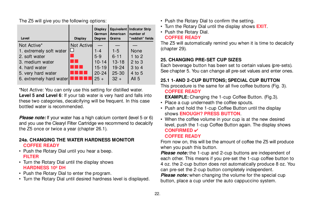 Jura Capresso 65349R3 24a. Changing the Water Hardness Monitor, Filter, Changing PRE-SET CUP Sizes, Confirmed Coffee Ready 