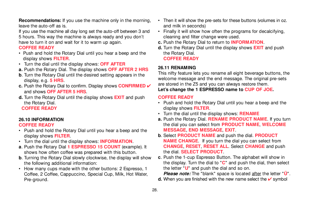 Jura Capresso 65349R3 warranty Information, Renaming, Let’s change the 1 Espresso name to CUP of JOE 