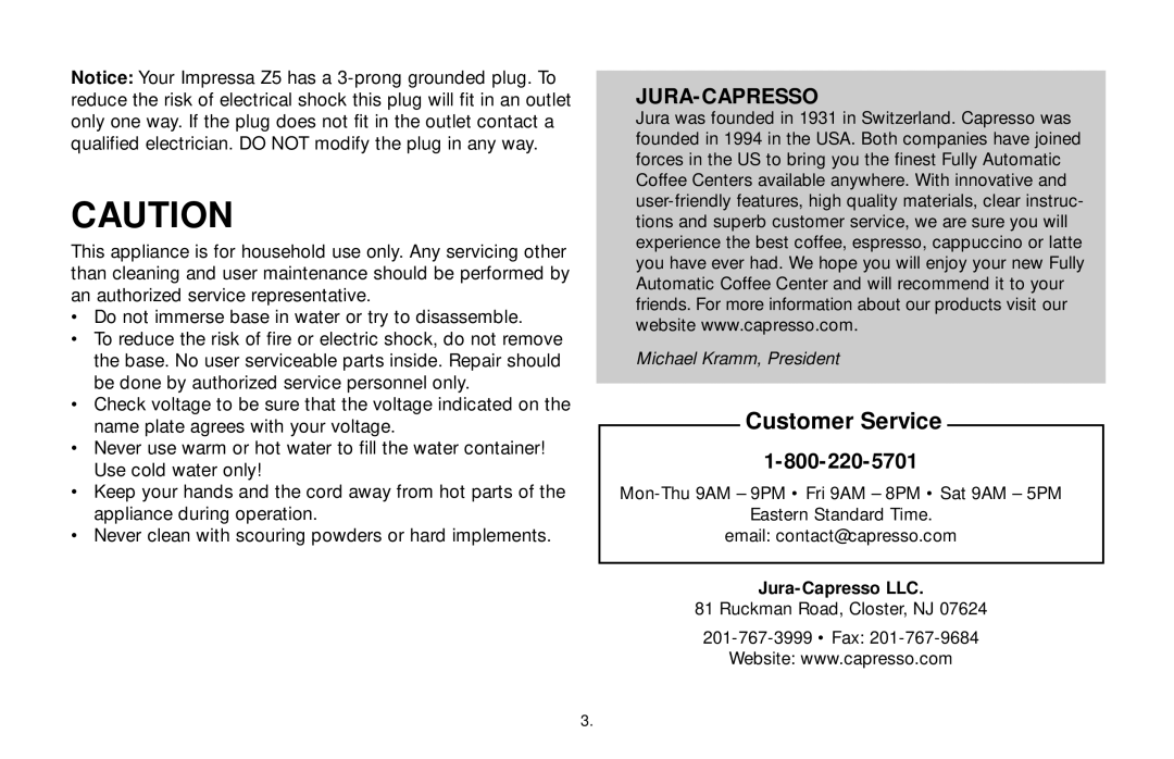 Jura Capresso 65349R3 warranty Customer Service, Jura-Capresso LLC 