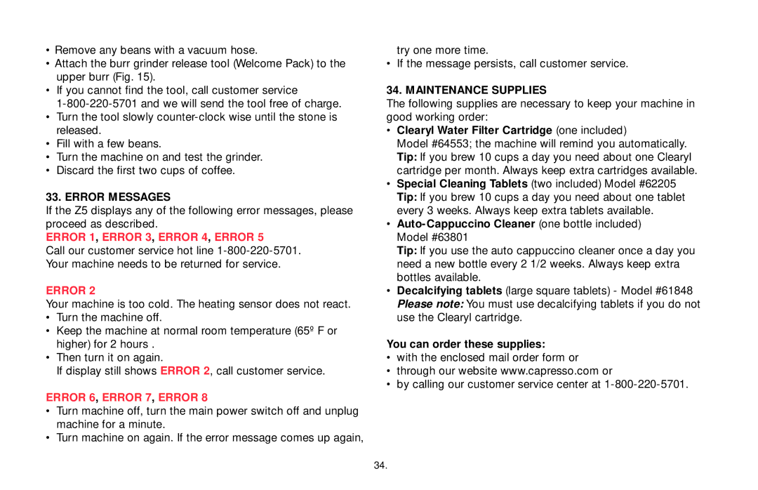 Jura Capresso 65349R3 Error Messages, Error 1, Error 3, Error 4, Error, Error 6, Error 7, Error, Maintenance Supplies 