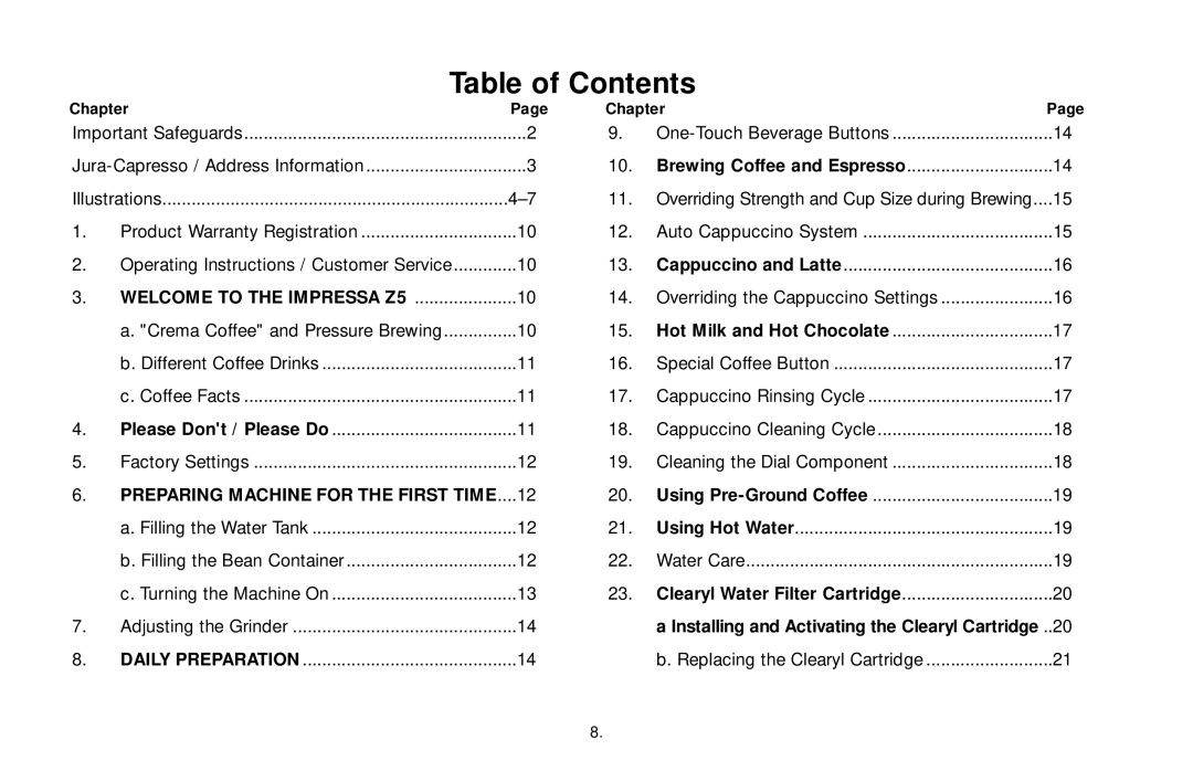 Jura Capresso 65349R3 warranty Table of Contents 