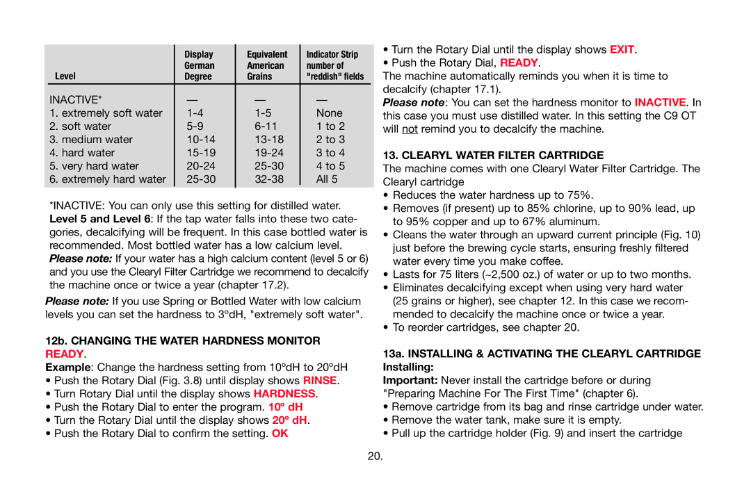 Jura Capresso 68192, C9 manual 12b. Changing the Water Hardness Monitor, Clearyl Water Filter Cartridge 