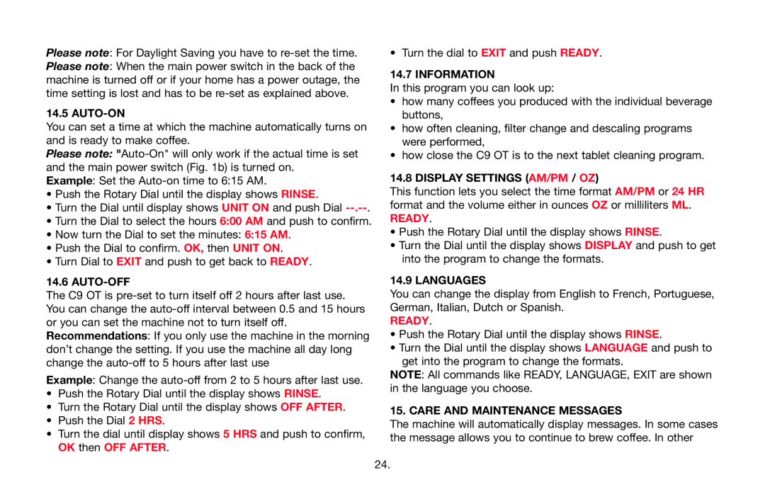 Jura Capresso 68192, C9 manual Auto-Off, Information, Display Settings AM/PM / OZ, Languages, Care and Maintenance Messages 