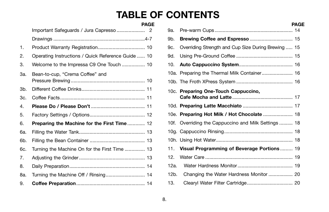 Jura Capresso 68192, C9 manual Table of Contents 