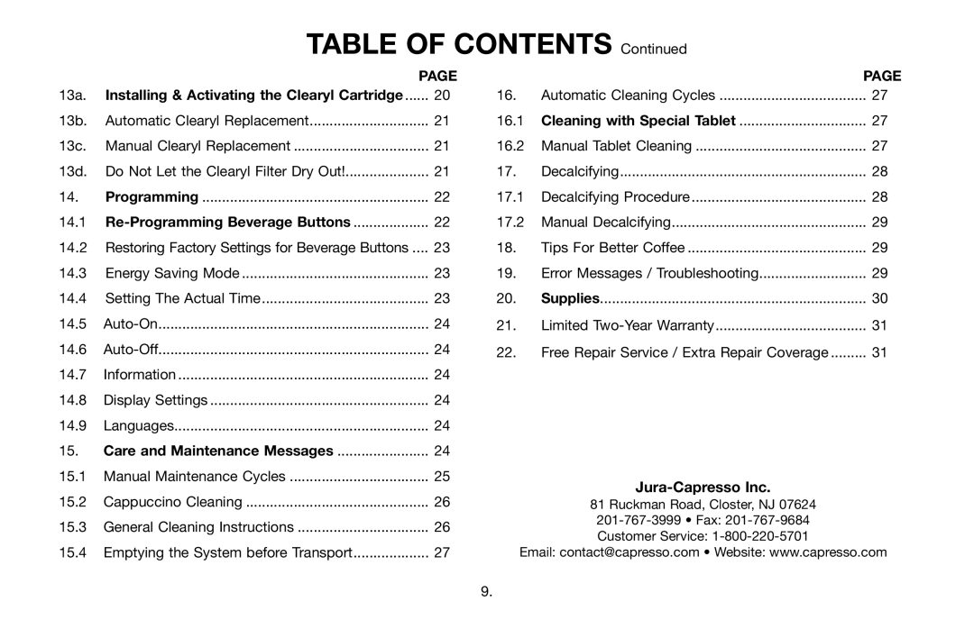 Jura Capresso C9, 68192 manual Table of Contents 