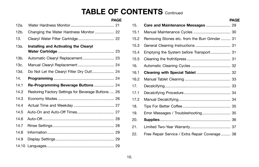 Jura Capresso 68193 warranty Table of Contents 