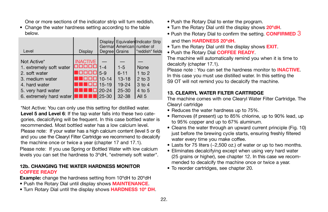 Jura Capresso 68193 warranty 12b. Changing the Water Hardness Monitor, Clearyl Water Filter Cartridge 