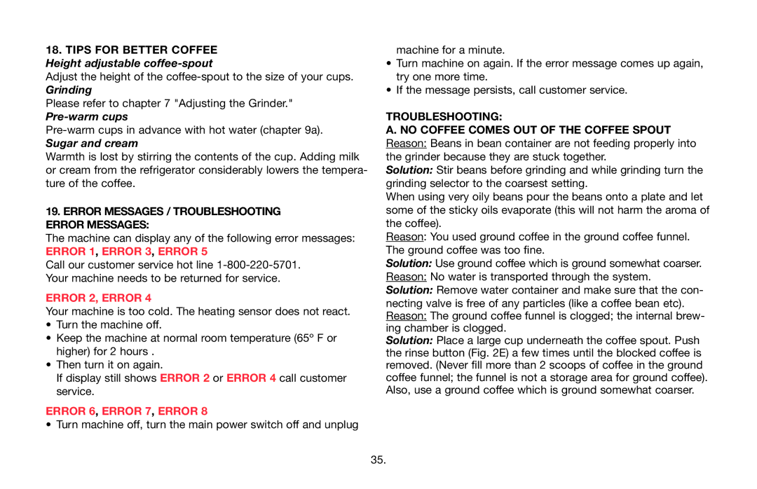 Jura Capresso 68193 Error Messages / Troubleshooting, Error 1, Error 3, Error, Error 2, Error, Error 6, Error 7, Error 