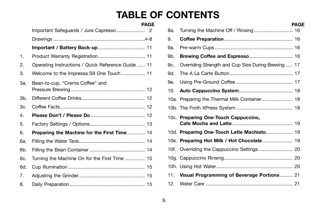 Jura Capresso 68193 warranty Table of Contents 