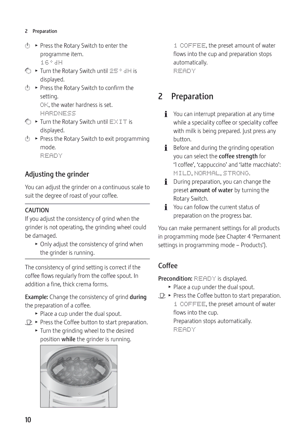 Jura Capresso 9 manual Preparation, Hardness, MILD, NORMAL, Strong 