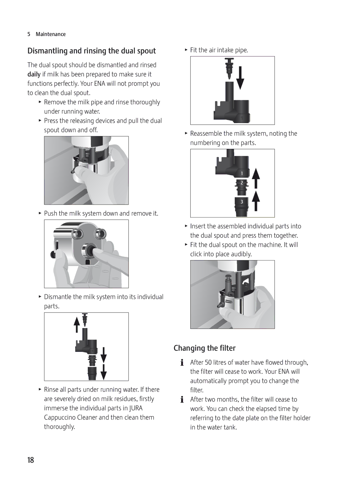 Jura Capresso 9 manual Dismantling and rinsing the dual spout, Changing the filter 