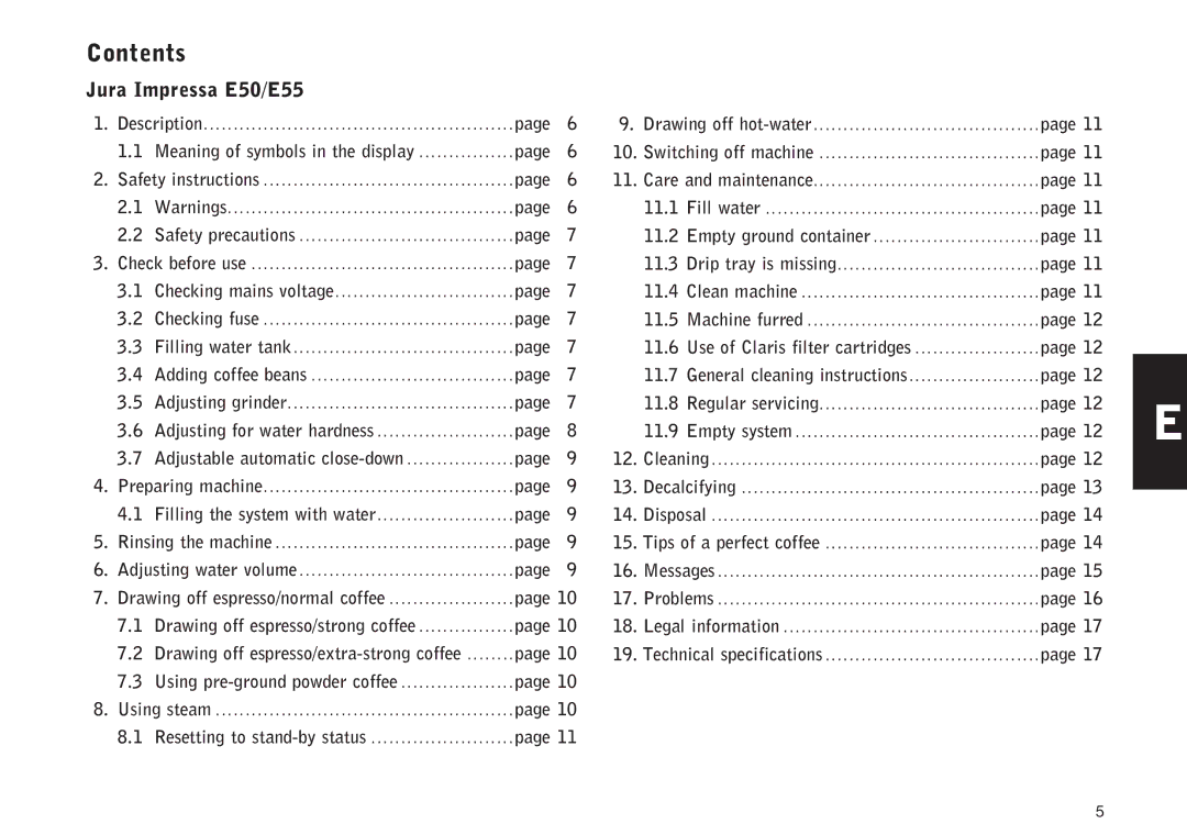 Jura Capresso E30 manual Contents 