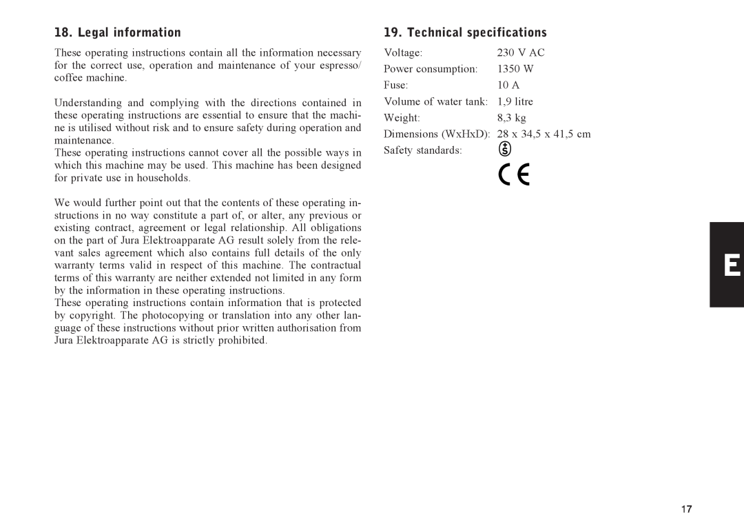 Jura Capresso E30 manual Legal information, Technical specifications 