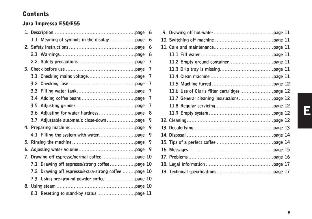 Jura Capresso E30 manual Jura Impressa E50/E55, Contents 
