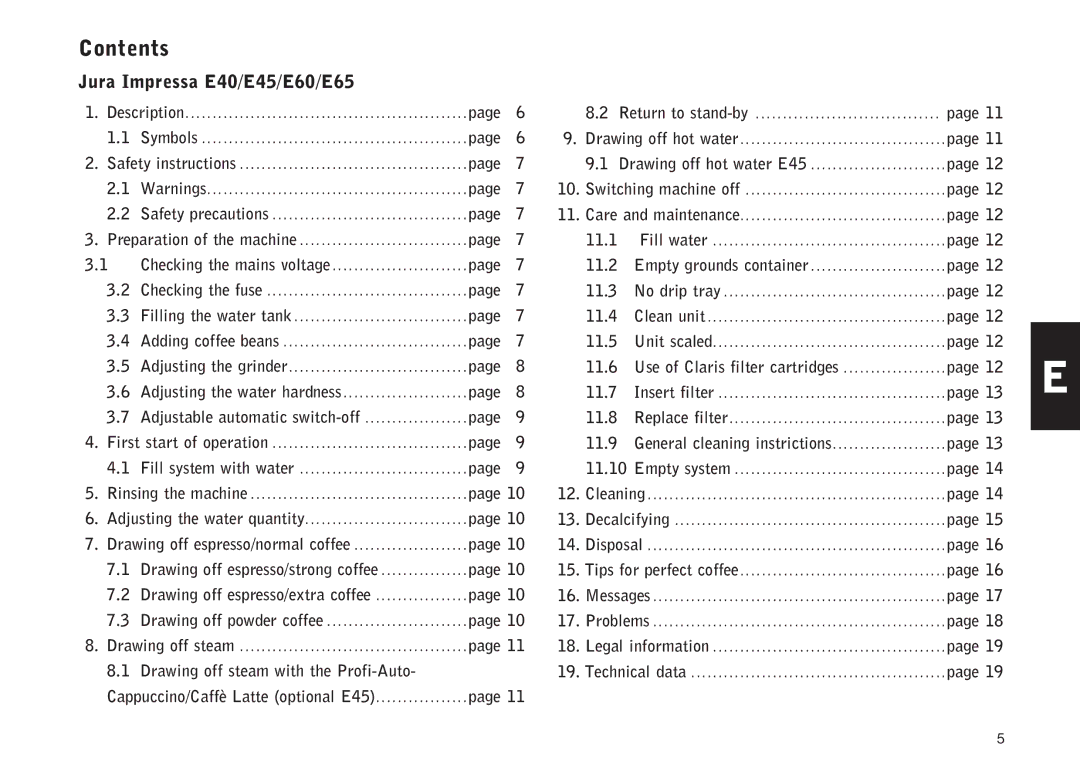 Jura Capresso E65, E60, E45, E40 manual Contents 