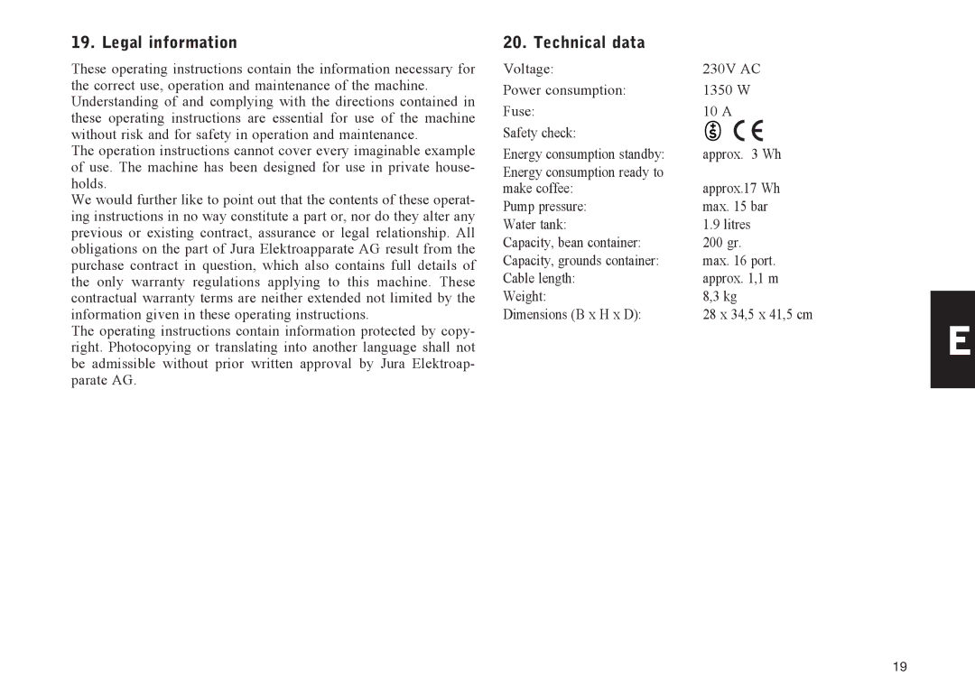 Jura Capresso E75, E70 manual Legal information, Technical data 