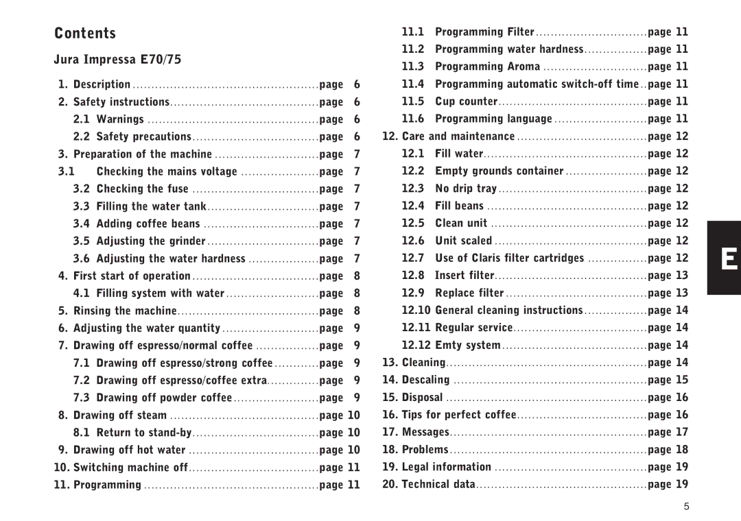 Jura Capresso E75, E70 manual Contents 