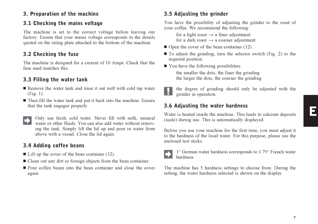 Jura Capresso E75, E70 Preparation of the machine Checking the mains voltage, Checking the fuse, Filling the water tank 