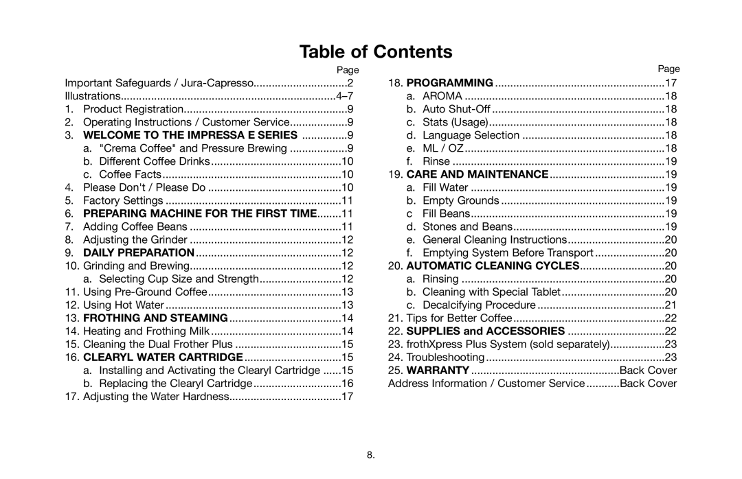 Jura Capresso E9, 64701R2 warranty Table of Contents 