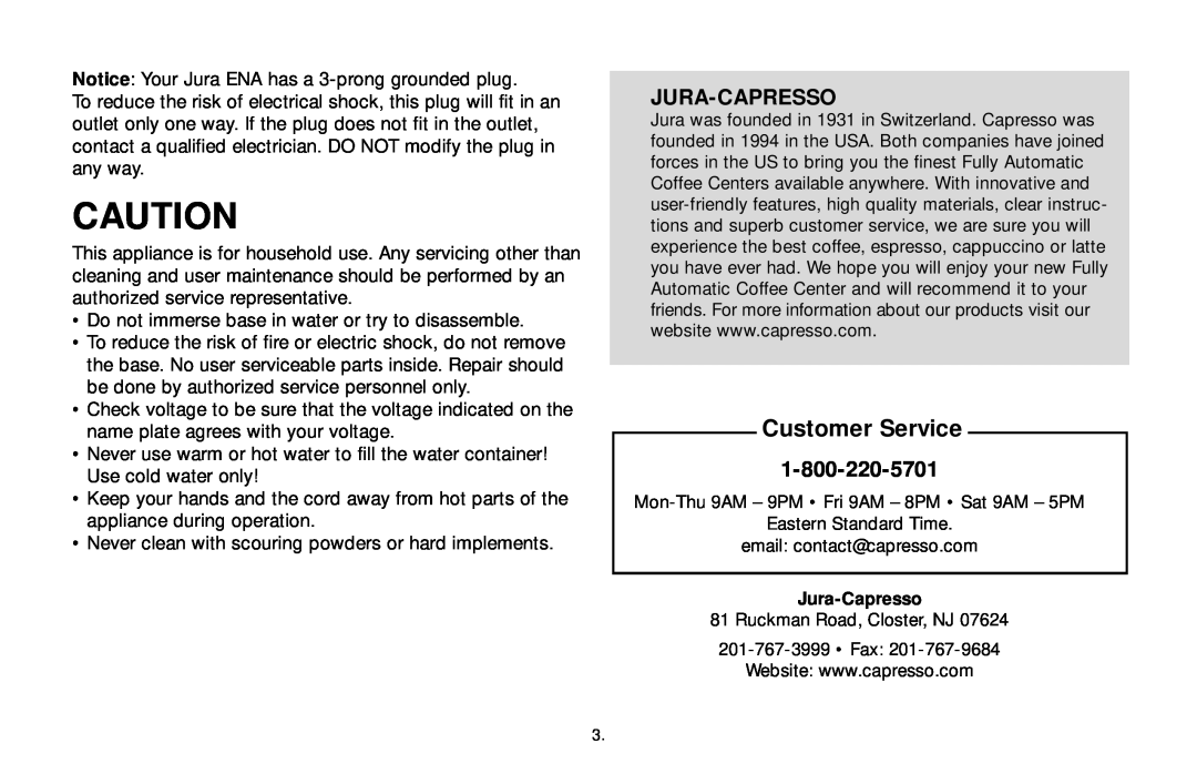 Jura Capresso 68191, ENA 3, ENA 5, ENA 4 warranty Jura-Capresso, Customer Service 