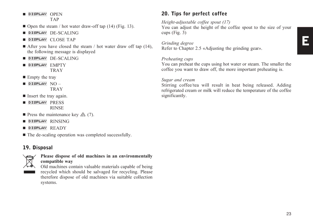 Jura Capresso F505 manual Disposal, Tips for perfect coffee 