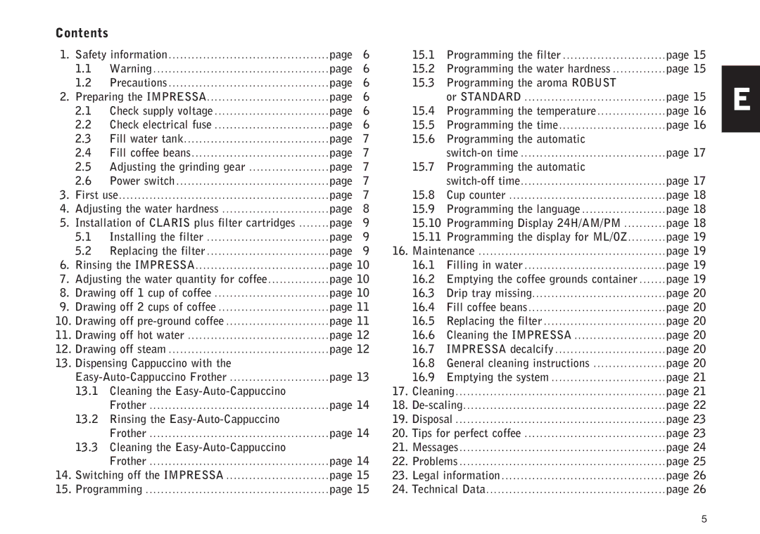 Jura Capresso F505 manual Contents 