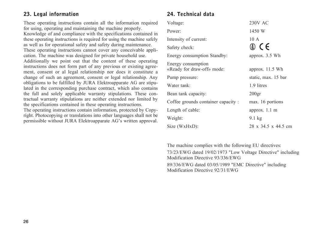 Jura Capresso F505 manual Legal information, Technical data 