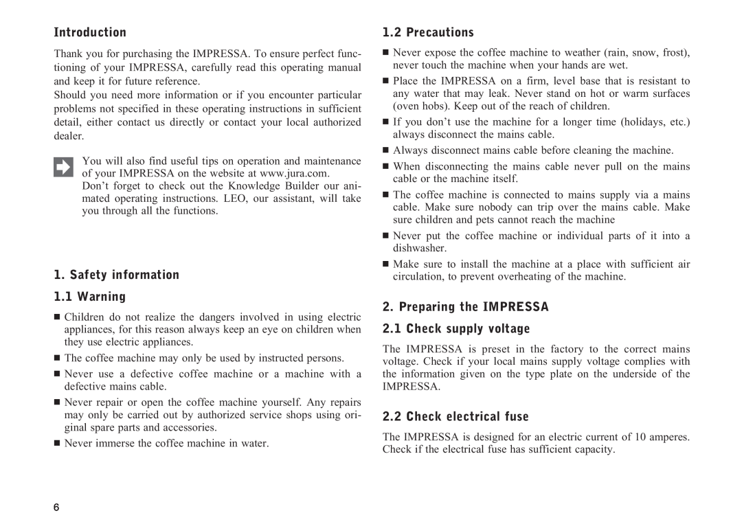 Jura Capresso F505 manual Introduction, Safety information 1.1 Warning, Precautions, Check electrical fuse 