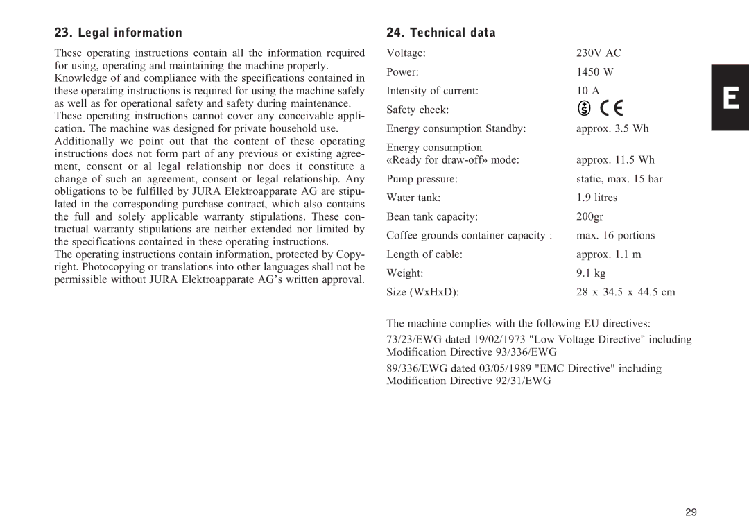 Jura Capresso F707 manual Legal information, Technical data 