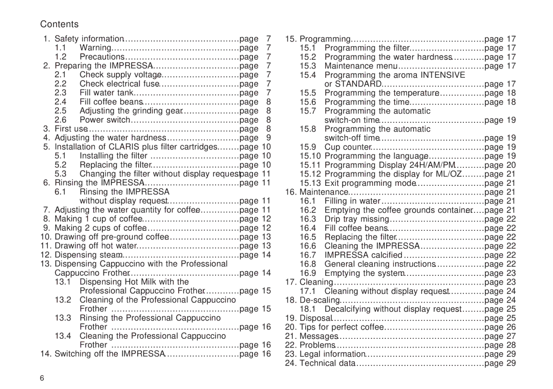 Jura Capresso F707 manual Contents 