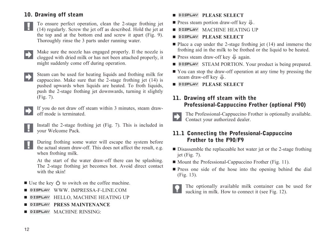 Jura Capresso F90/F9 manual Drawing off steam 