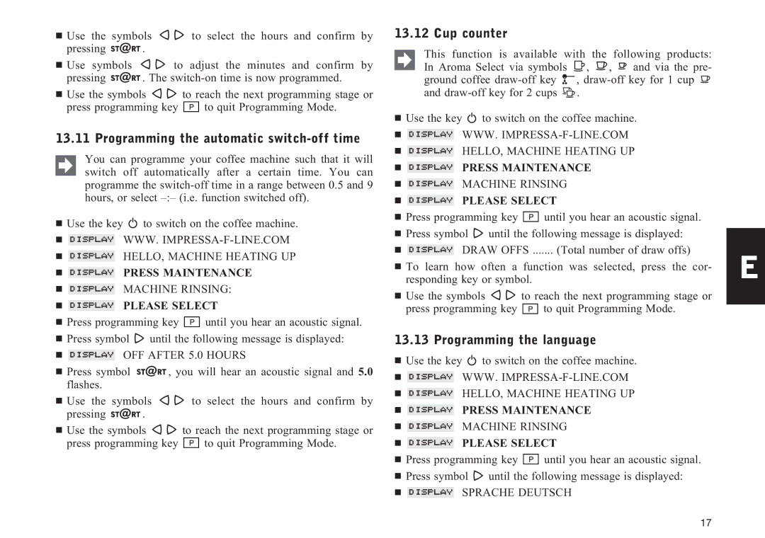 Jura Capresso F90/F9 Programming the automatic switch-off time, Cup counter, Programming the language,  Sprache Deutsch 