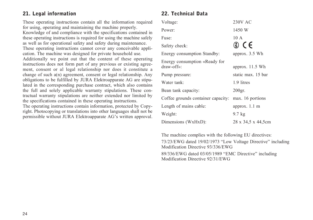 Jura Capresso F90/F9 manual Legal information, Technical Data 