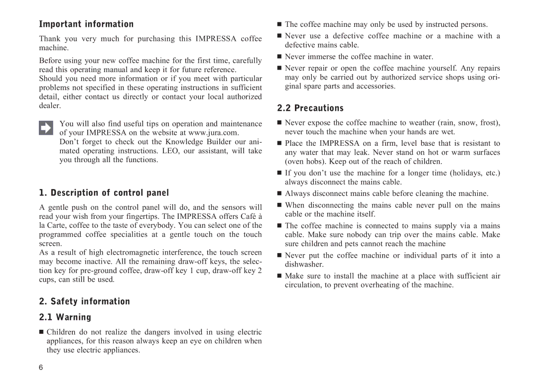 Jura Capresso F90/F9 Important information, Description of control panel, Safety information 2.1 Warning, Precautions 